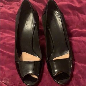 gucci suede and patent leather open heel pump.